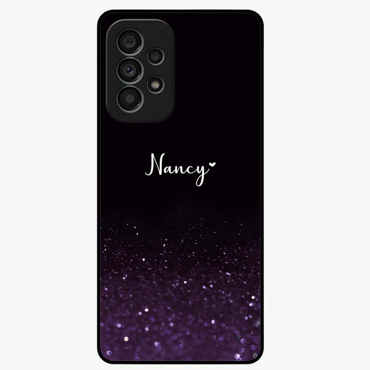 Glittery Purple Bokeh Custom Name Glass Case showing flat back view with purple bokeh sparkle artwork and personalized name design.