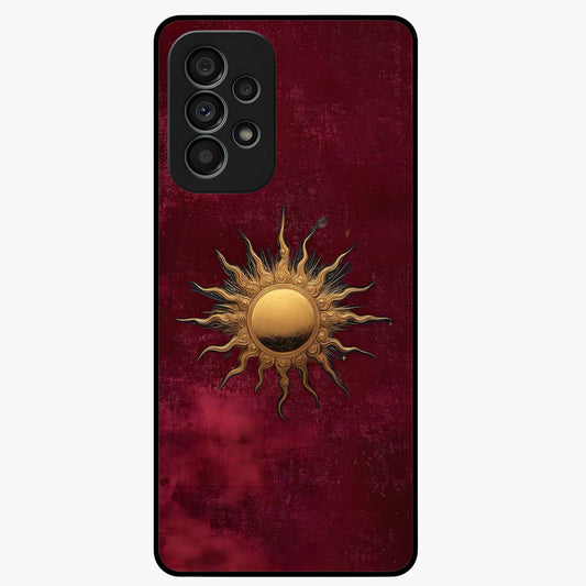 Gold Sun Blush Glass Case showing flat back view with golden sun inspired artwork and glossy glass finish.