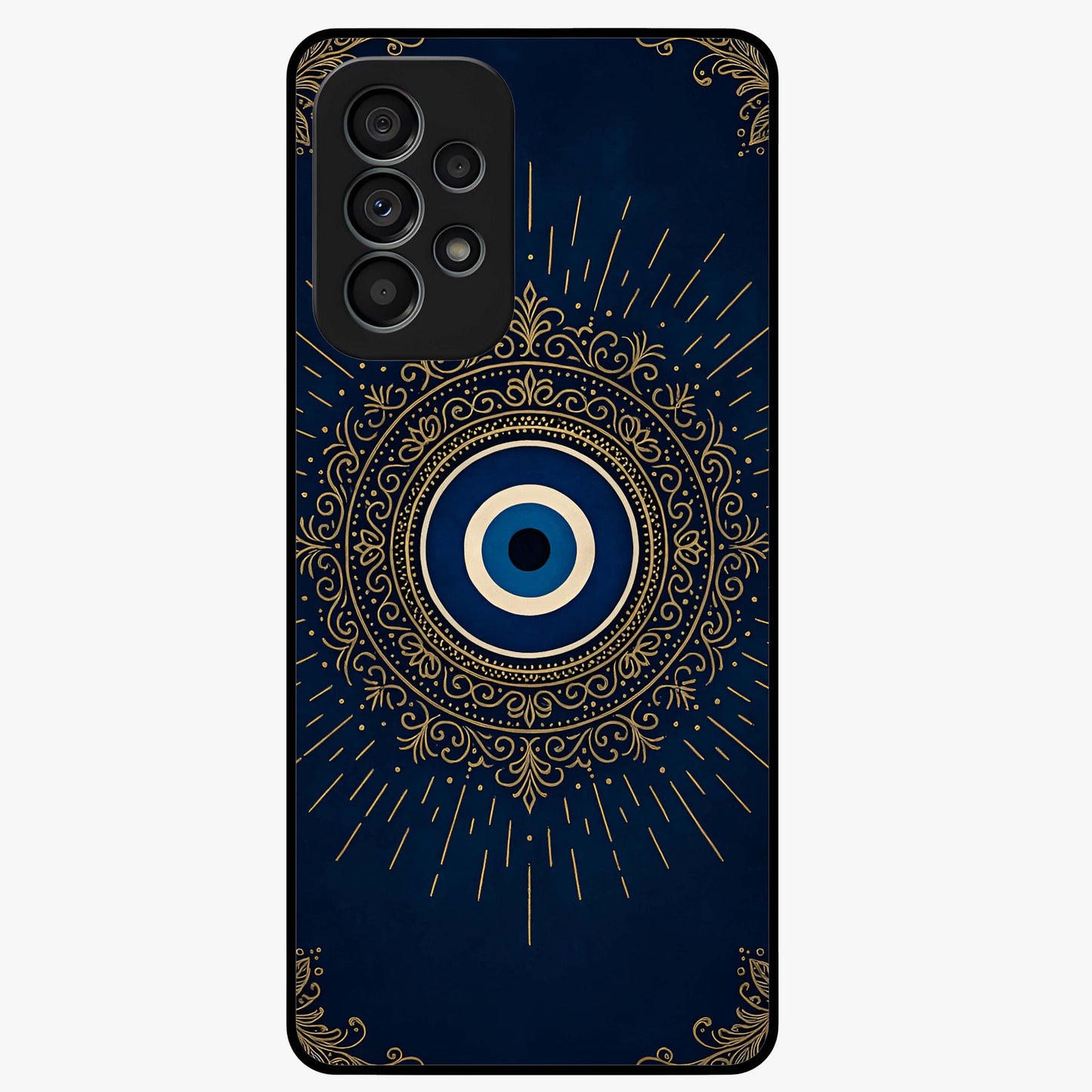 Golden Evil Eye Mandala Glass Case showing flat back view with intricate evil eye mandala artwork and glossy glass finish.