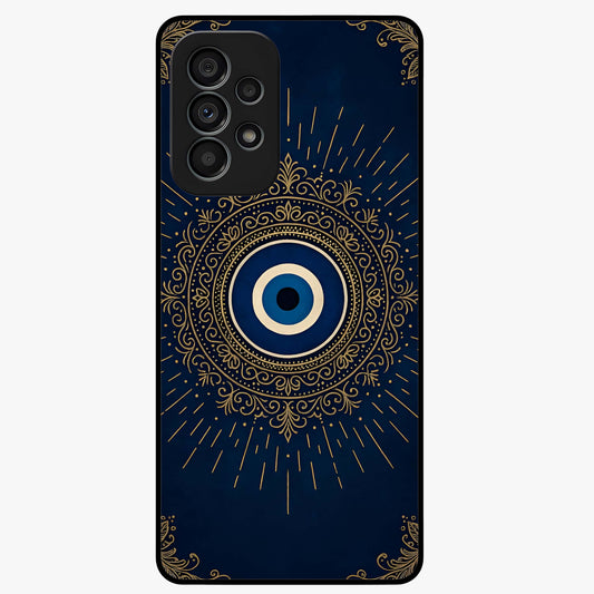Golden Evil Eye Mandala Glass Case showing flat back view with intricate evil eye mandala artwork and glossy glass finish.