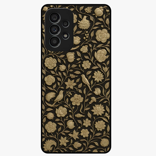 Golden Floral Majesty Glass Case showing flat back view with luxurious golden floral artwork and glossy glass finish.