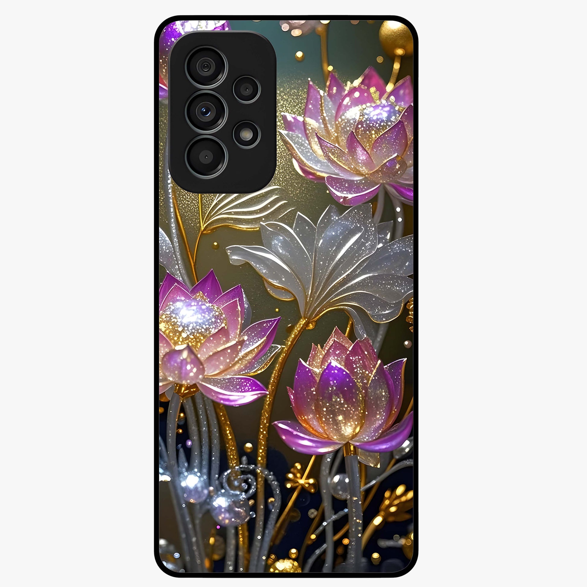 Golden Lotus Glow Glass Case showing flat back view with glowing lotus flower artwork and glossy glass finish.