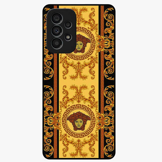 Golden Royal Heritage Glass Case showing flat back view with ornate royal pattern artwork and glossy glass finish.