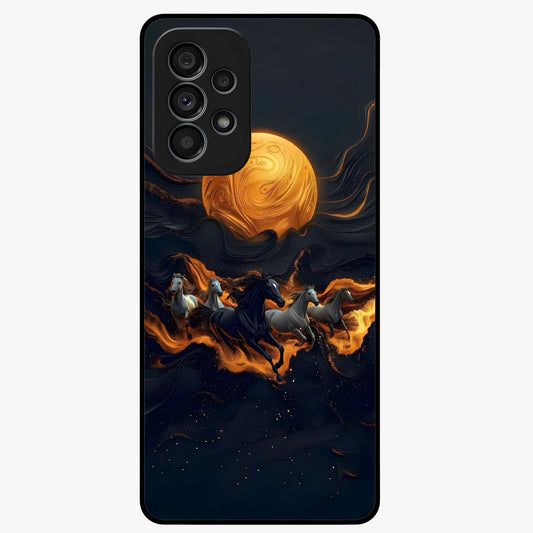 Golden Stallion Moonride Glass Case showing flat back view with majestic horse under moonlight artwork and glossy glass finish.
