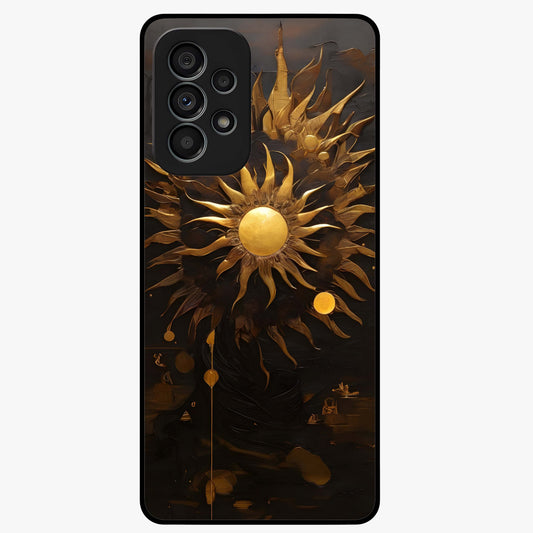 Golden Sun Majesty Glass Case showing flat back view with radiant golden sun artwork and glossy glass finish.