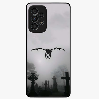 Graveyard Shadow Descent Glass Case showing flat back view with dark graveyard themed artwork and glossy glass finish.