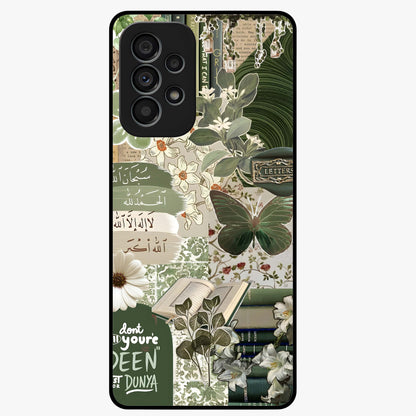 Green Islamic Books Quotes Glass Case showing flat back view with Islamic quotes and book themed artwork and glossy glass finish.