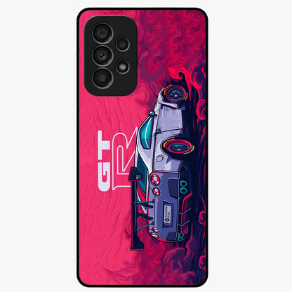 GT-R Car Pattern Glass Case showing flat back view with sporty car inspired pattern artwork and glossy glass finish.