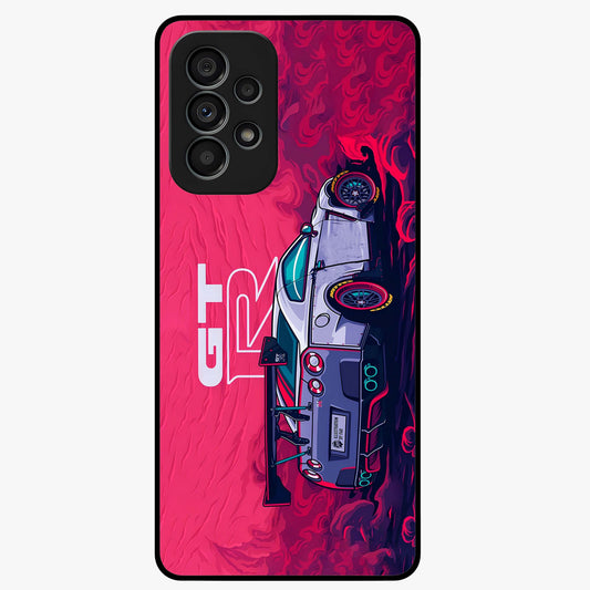 GT-R Car Pattern Glass Case showing flat back view with sporty car inspired pattern artwork and glossy glass finish.