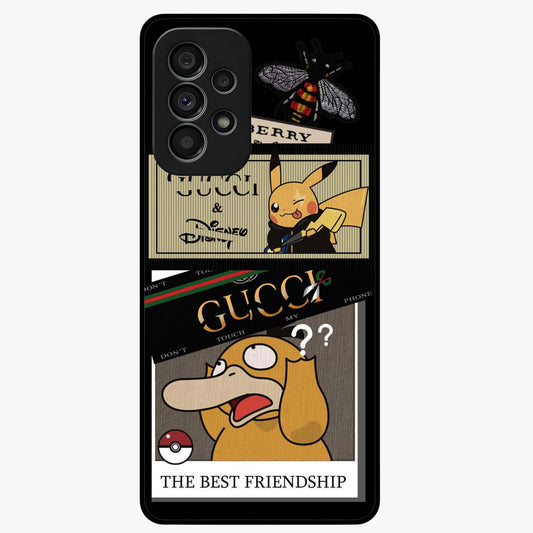 Gucci Play Mashup Glass Case showing flat back view with luxury inspired graphic artwork and glossy glass finish.