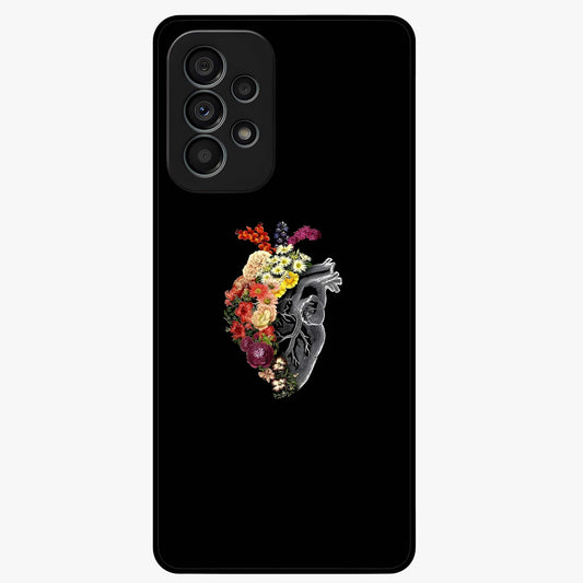Heart With Flowers Glass Case showing flat back view with heart shaped floral artwork and glossy glass finish.