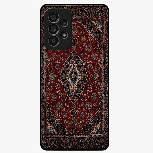 Heritage Carpet Royale Glass Case showing flat back view with ornate Persian carpet inspired pattern and glossy glass finish.