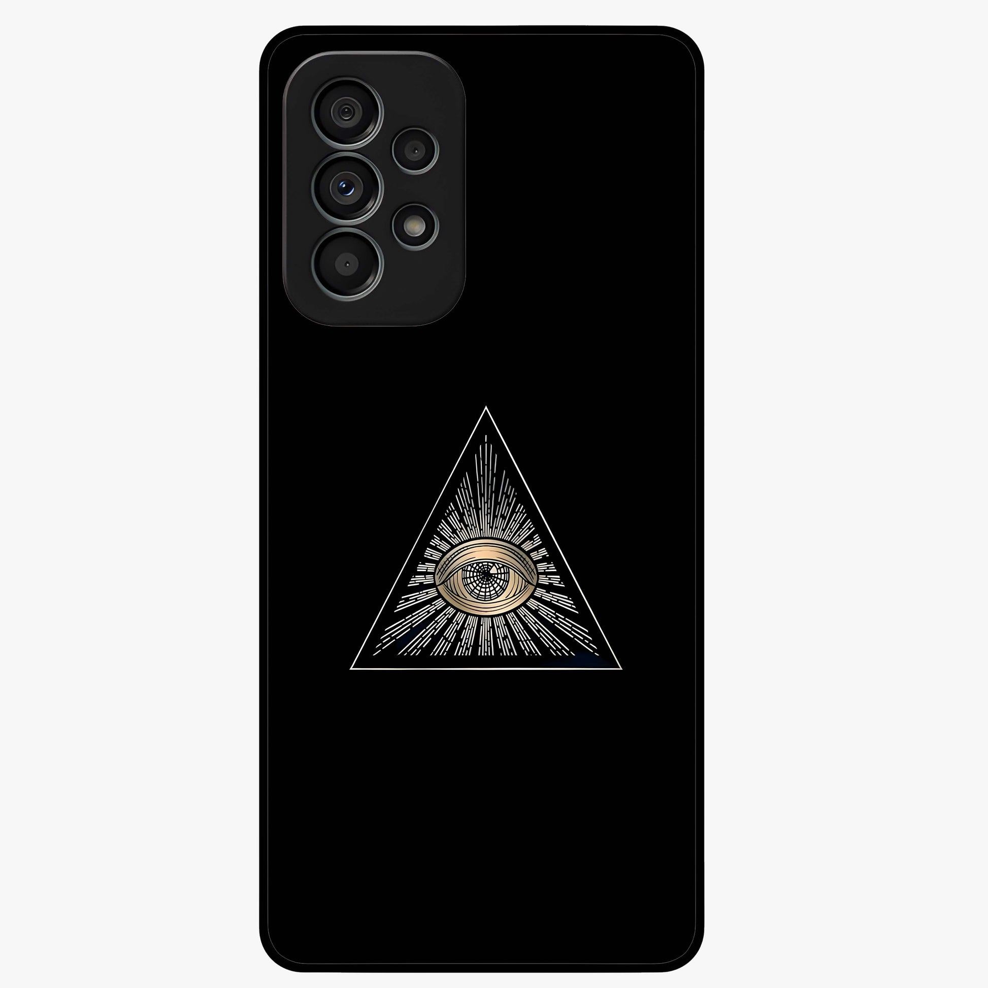 Illuminati Evil Glass Case showing flat back view with mysterious illuminati symbol artwork and glossy glass finish.