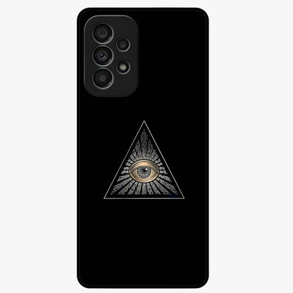 Illuminati Evil Glass Case showing flat back view with mysterious illuminati symbol artwork and glossy glass finish.