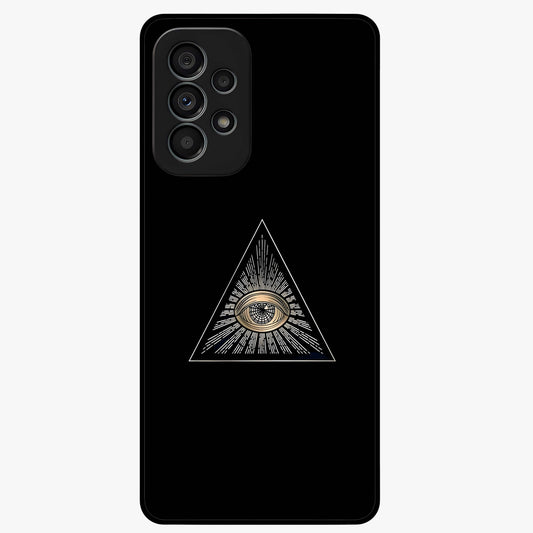 Illuminati Evil Glass Case showing flat back view with mysterious illuminati symbol artwork and glossy glass finish.