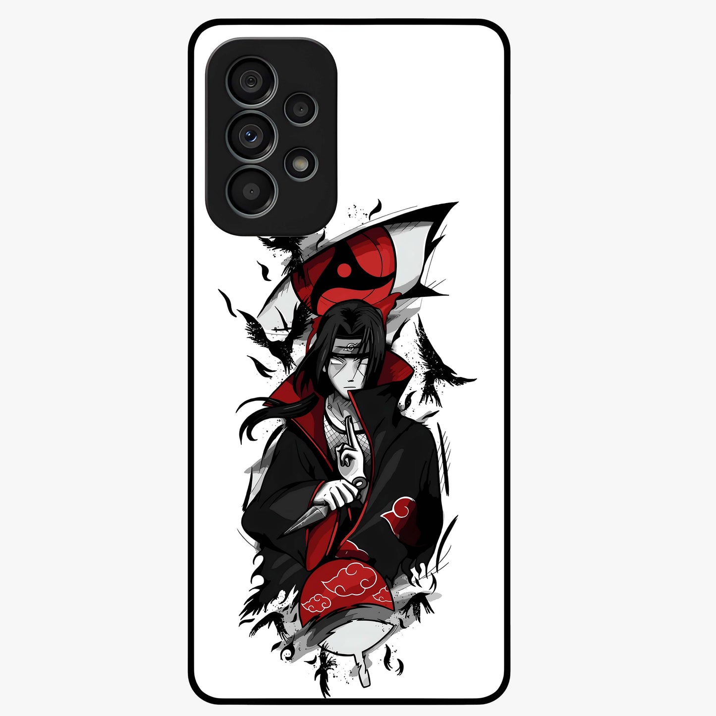 Itachi Sharingan Glass Case showing flat back view with powerful anime eye artwork and glossy glass finish.