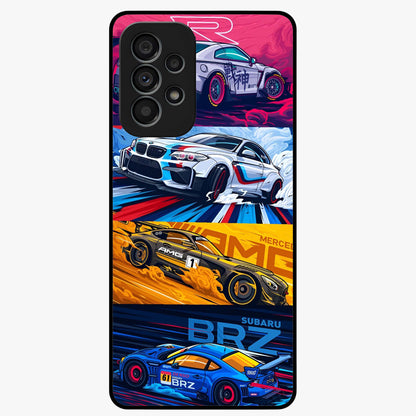JDM Sports Car Glass Case showing flat back view with high performance sports car artwork and glossy glass finish.
