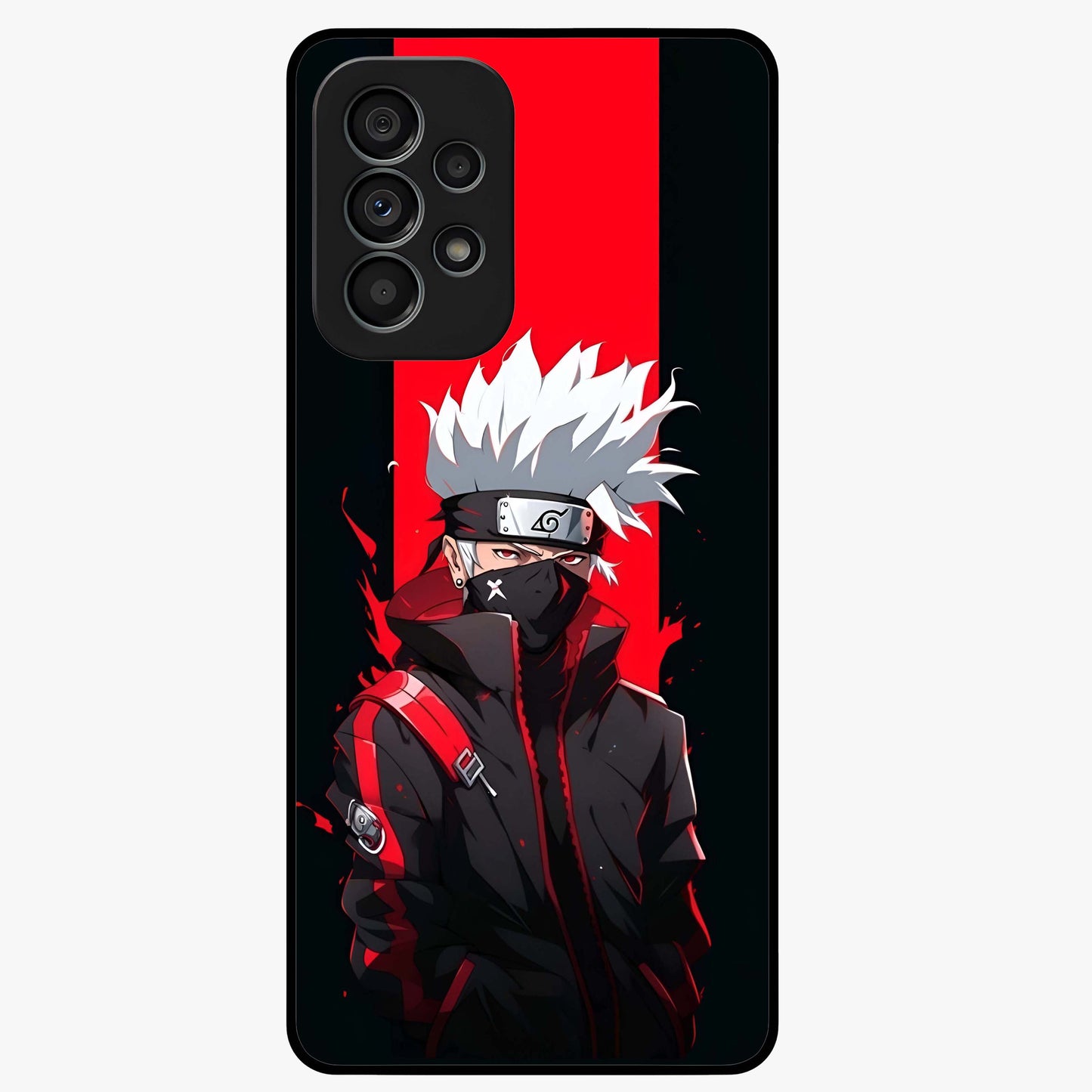 Kakashi Scarlet Shadow Glass Case showing flat back view with powerful anime ninja artwork and glossy glass finish.