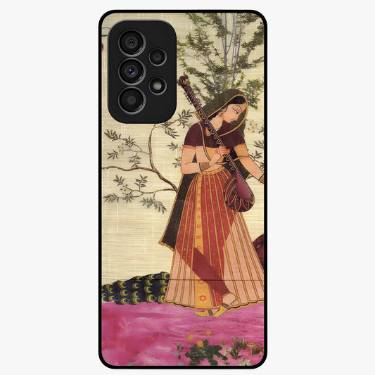 Lady With Veena Art Glass Case showing flat back view with elegant woman playing veena artwork and glossy glass finish.