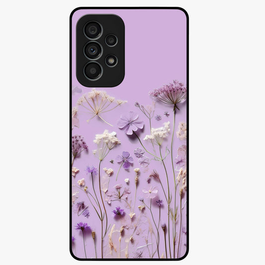 Lavender Blossom Dream Glass Case showing flat back view with soft lavender floral artwork and glossy glass finish.