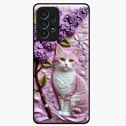 Lavender Cat Whimsy Glass Case showing flat back view with cute lavender cat artwork and glossy glass finish.