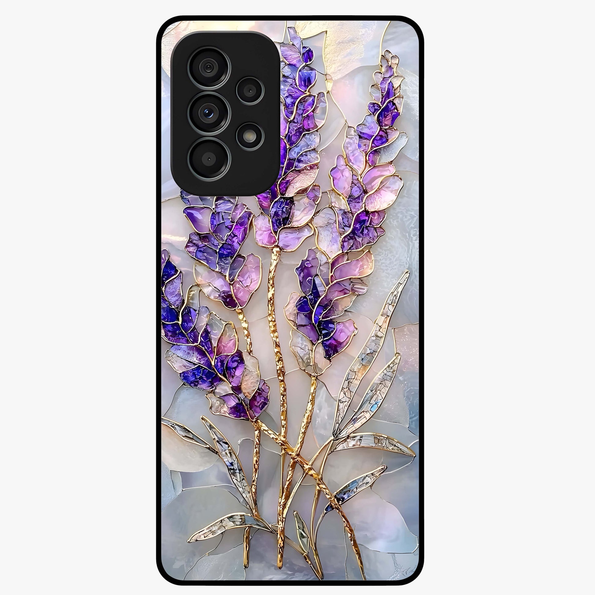 Lavender Dream Glow Glass Case showing flat back view with glowing lavender aesthetic artwork and glossy glass finish.