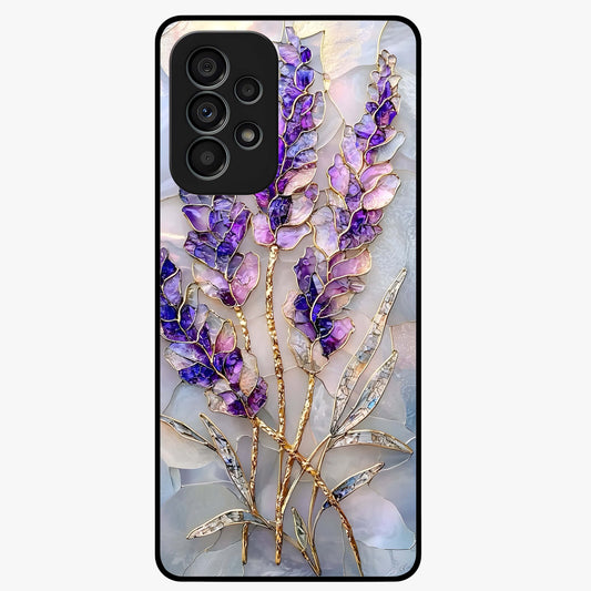 Lavender Dream Glow Glass Case showing flat back view with glowing lavender aesthetic artwork and glossy glass finish.