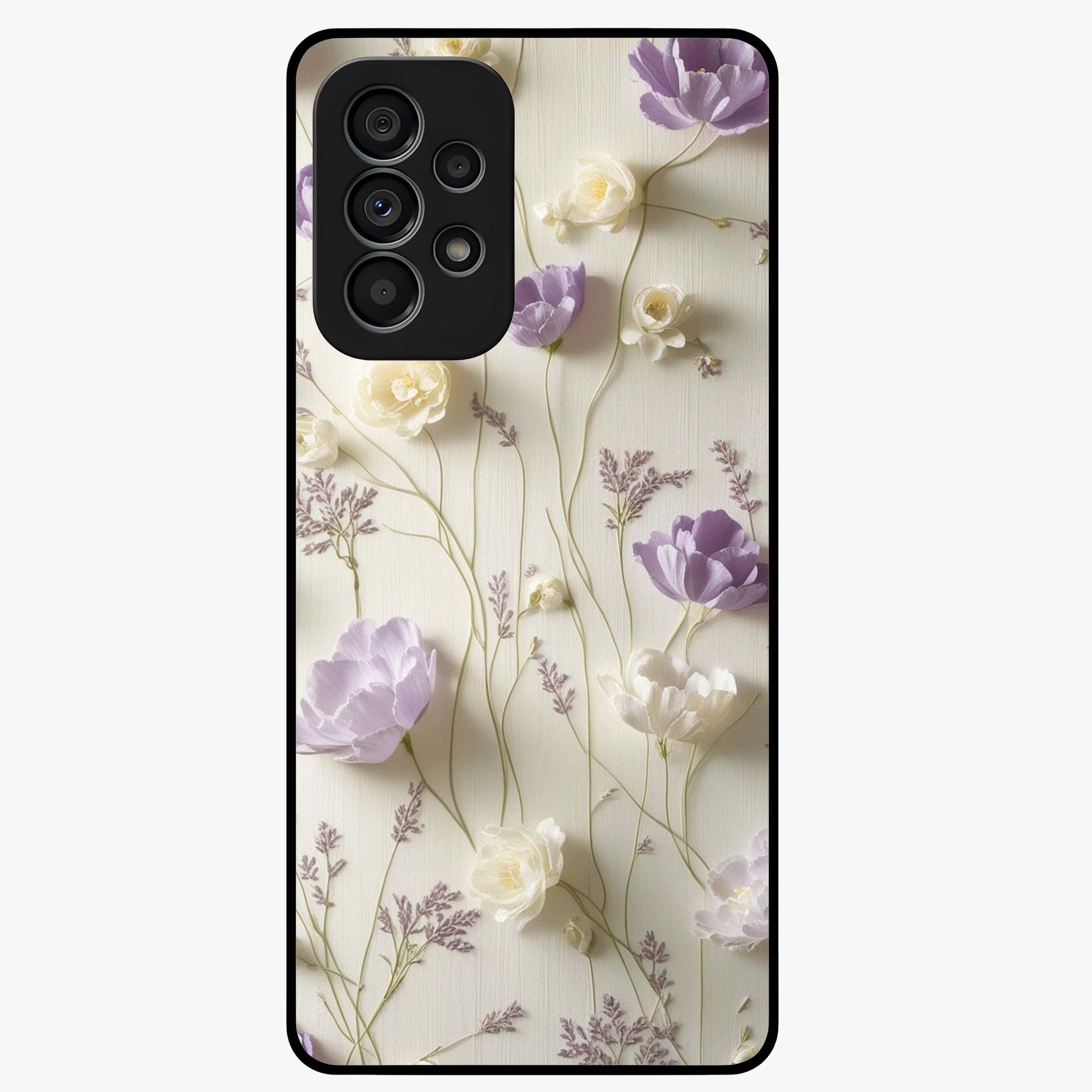 Lilac Breeze Harmony Glass Case showing flat back view with soft lilac themed artwork and glossy glass finish.