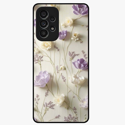 Lilac Breeze Harmony Glass Case showing flat back view with soft lilac themed artwork and glossy glass finish.