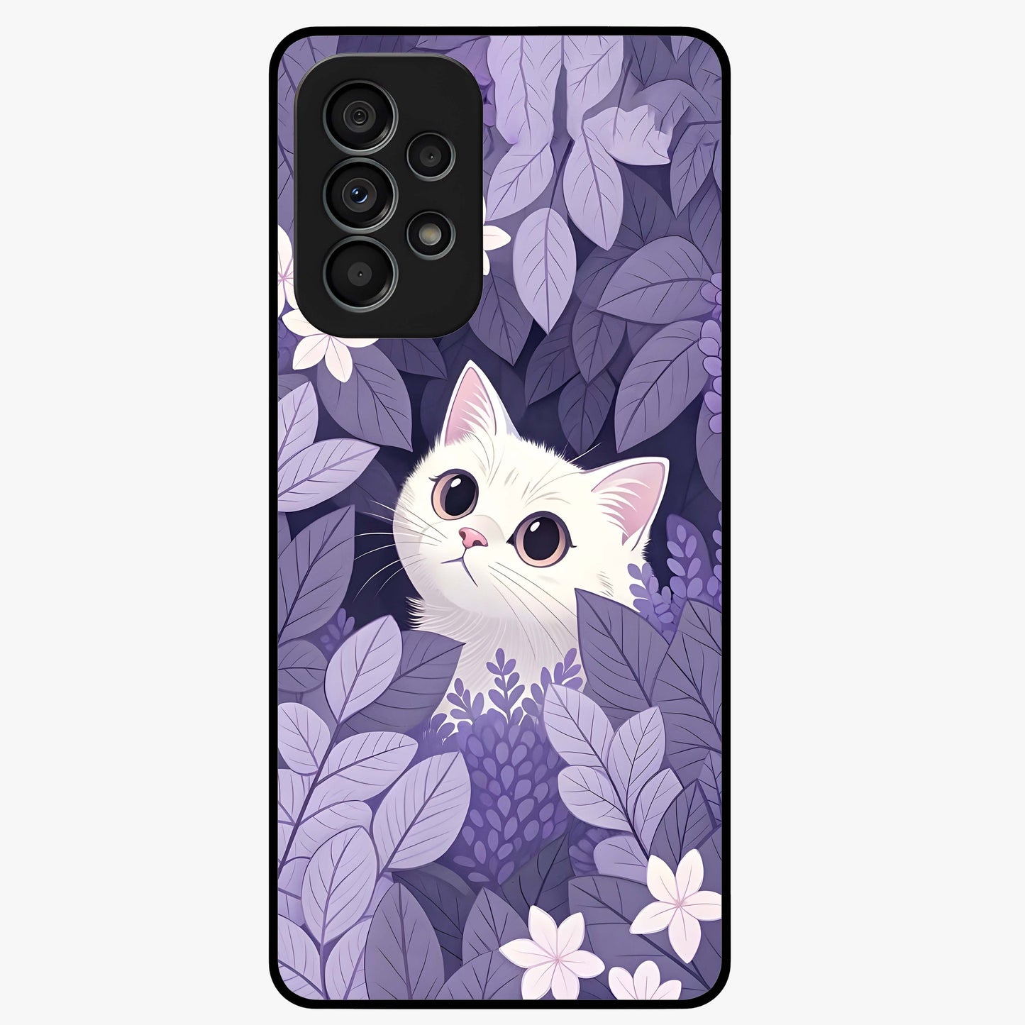 Lilac Hide Peek Cat Glass Case showing flat back view with cute peeking cat artwork and glossy glass finish.