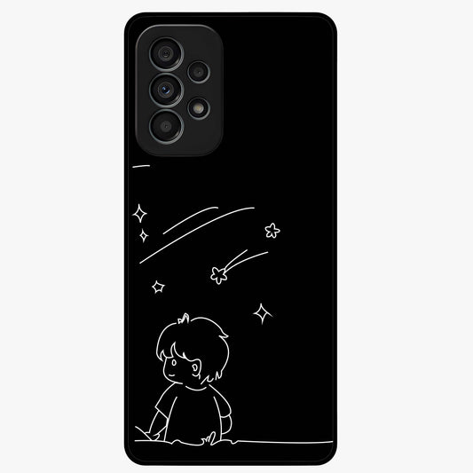 Line Art Boy With Shooting Stars Glass Case showing flat back view with minimal line art boy and shooting stars illustration and glossy glass finish.