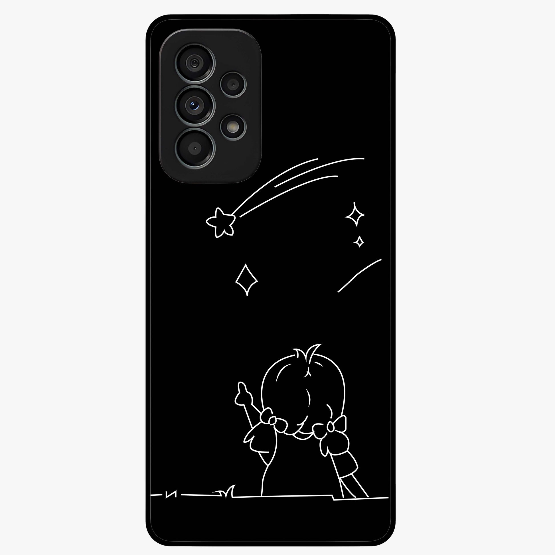Line Art Girl With Shooting Stars Glass Case showing flat back view with minimal line art girl and shooting stars illustration and glossy glass finish.