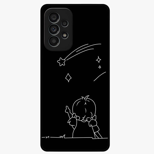 Line Art Girl With Shooting Stars Glass Case showing flat back view with minimal line art girl and shooting stars illustration and glossy glass finish.