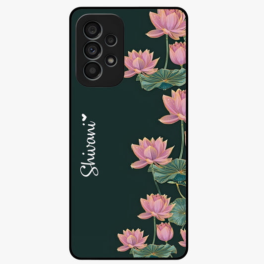 Lotus Bloom Serenity Custom Name Glass Case showing flat back view with elegant lotus flower artwork and personalized name design.