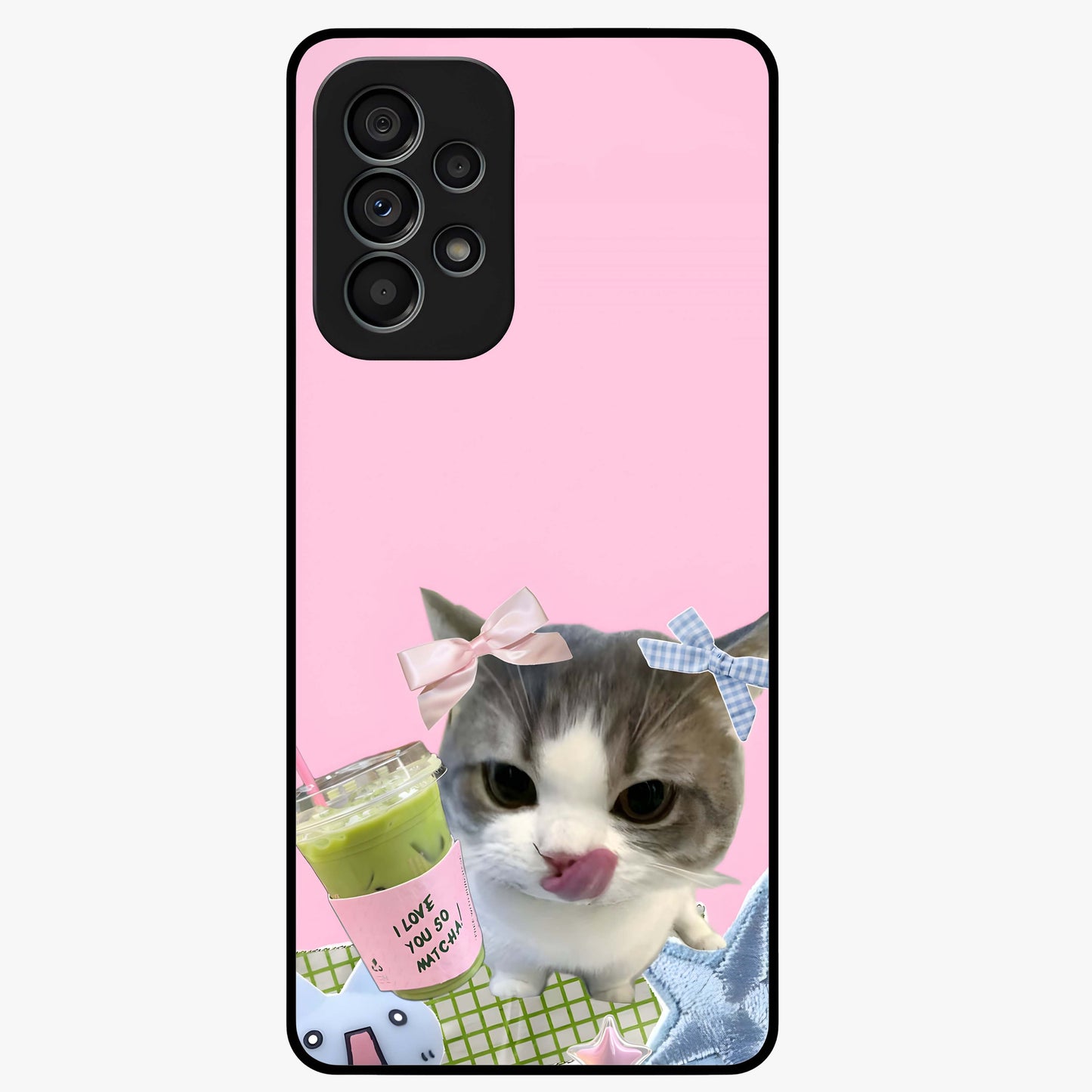 Love Matcha Cat Glass Case showing flat back view with cute cat and matcha themed artwork and glossy glass finish.