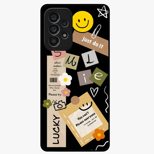 Lucky Aesthetic Collage Glass Case showing flat back view with trendy aesthetic collage artwork and glossy glass finish.