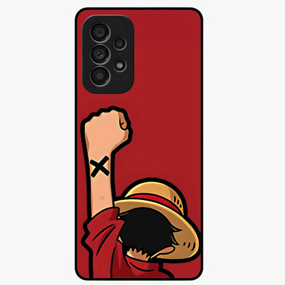 Luffy X Spirit Glass Case showing flat back view with bold anime character artwork and glossy glass finish.