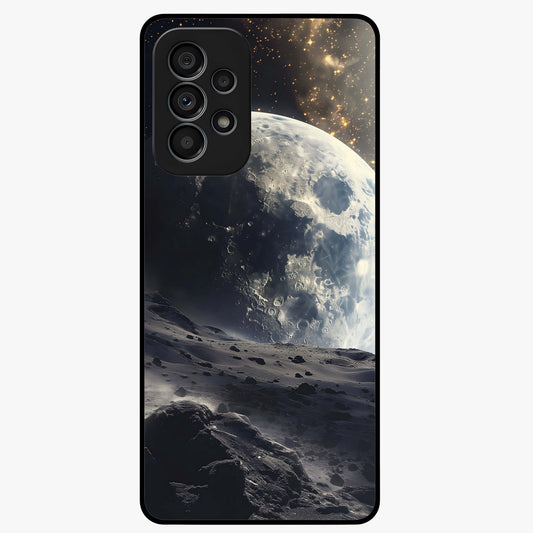 Lunar Horizon Glow Glass Case showing flat back view with glowing moon horizon artwork and glossy glass finish.