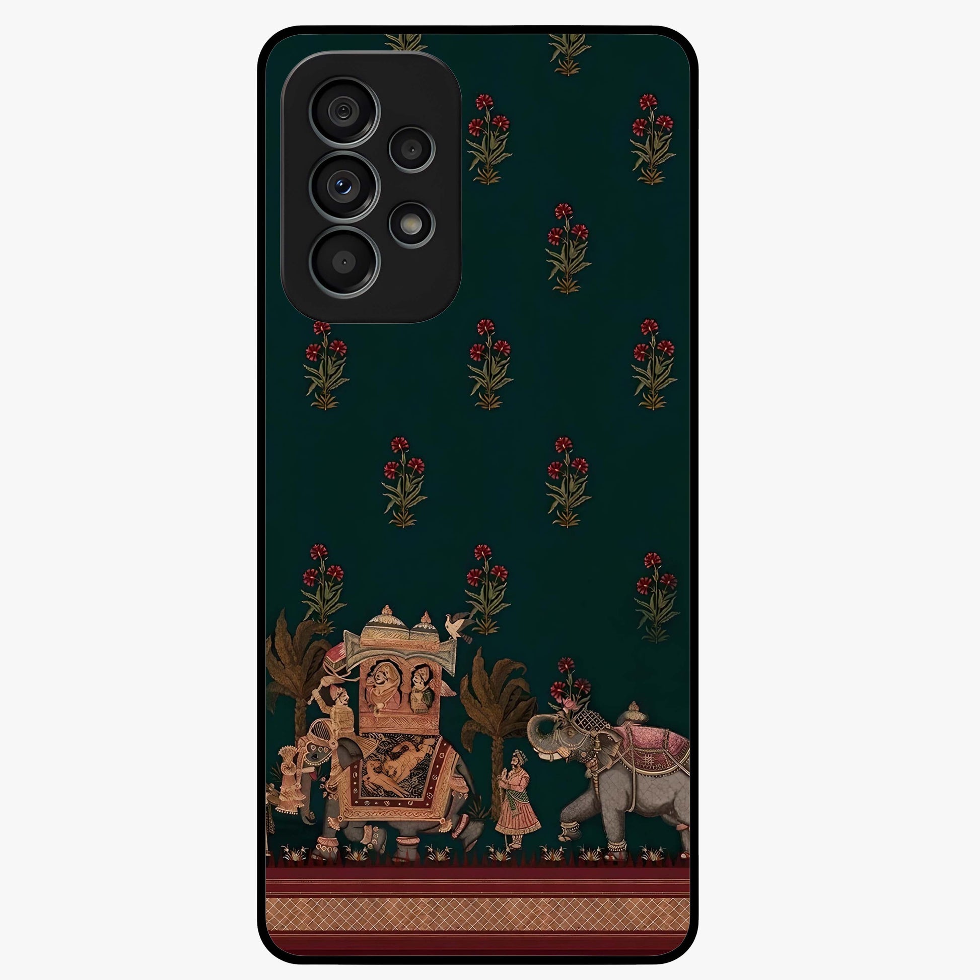 Macmerise Glass Case showing flat back view with stylish modern artwork and glossy glass finish.