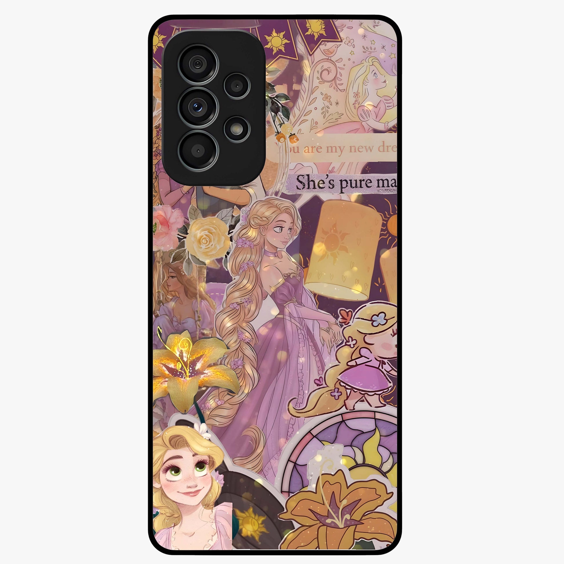 Magical Tangled Dream Glass Case showing flat back view with dreamy tangled artwork and glossy glass finish.