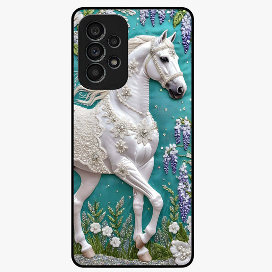 Majestic Floral Stallion Glass Case showing flat back view with powerful horse and floral artwork and glossy glass finish.