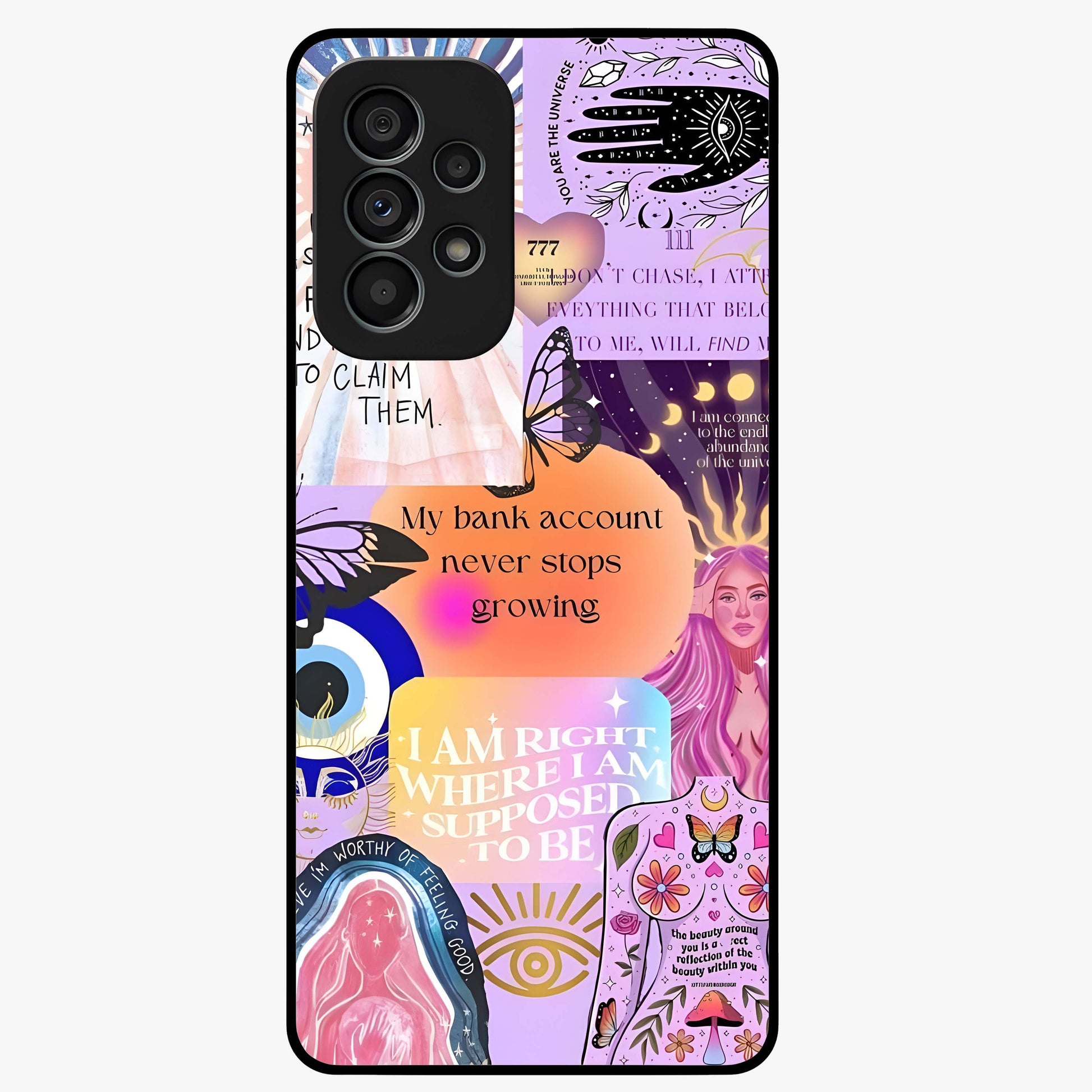 Manifestation Collage Glass Case showing flat back view with motivational collage artwork and glossy glass finish.
