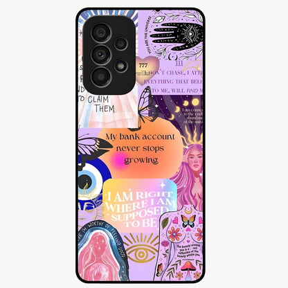Manifestation Collage Glass Case showing flat back view with motivational collage artwork and glossy glass finish.