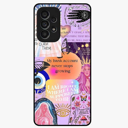 Manifestation Collage Glass Case showing flat back view with motivational collage artwork and glossy glass finish.