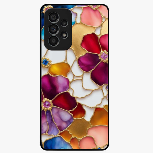 Marble Flower Pattern Glass Case showing flat back view with marble texture floral artwork and glossy glass finish.