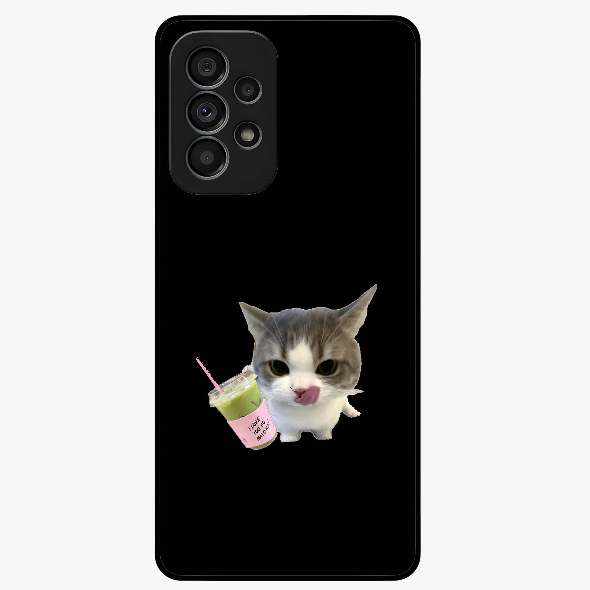 Matcha Cat Style Glass Case showing flat back view with cute matcha themed cat artwork and glossy glass finish.