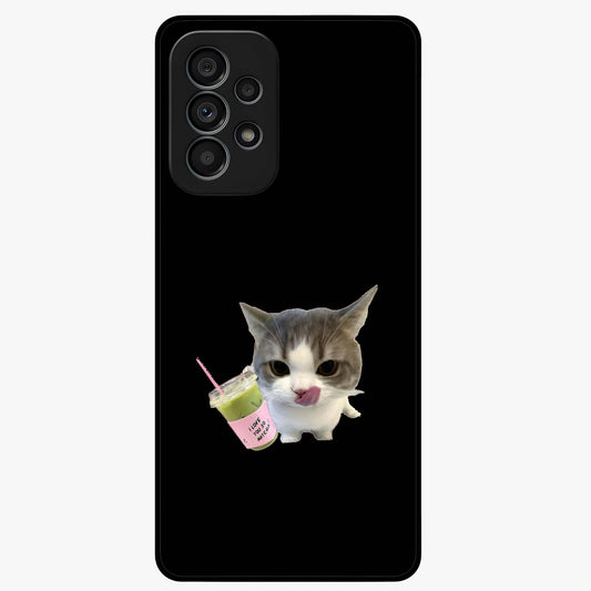 Matcha Cat Style Glass Case showing flat back view with cute matcha themed cat artwork and glossy glass finish.