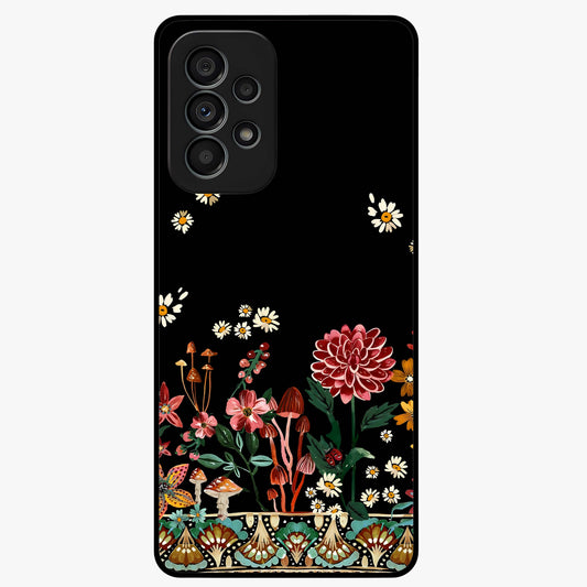 Midnight Bloom Pattern Glass Case showing flat back view with dark floral pattern artwork and glossy glass finish.