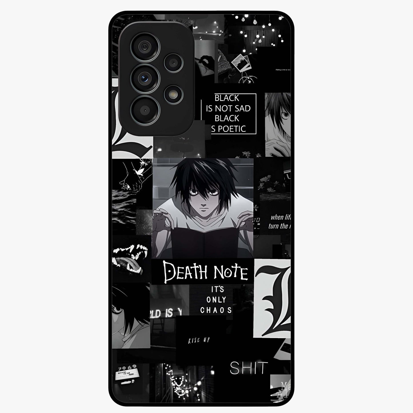 Midnight Chaos Mind Glass Case showing flat back view with abstract dark themed artwork and glossy glass finish.