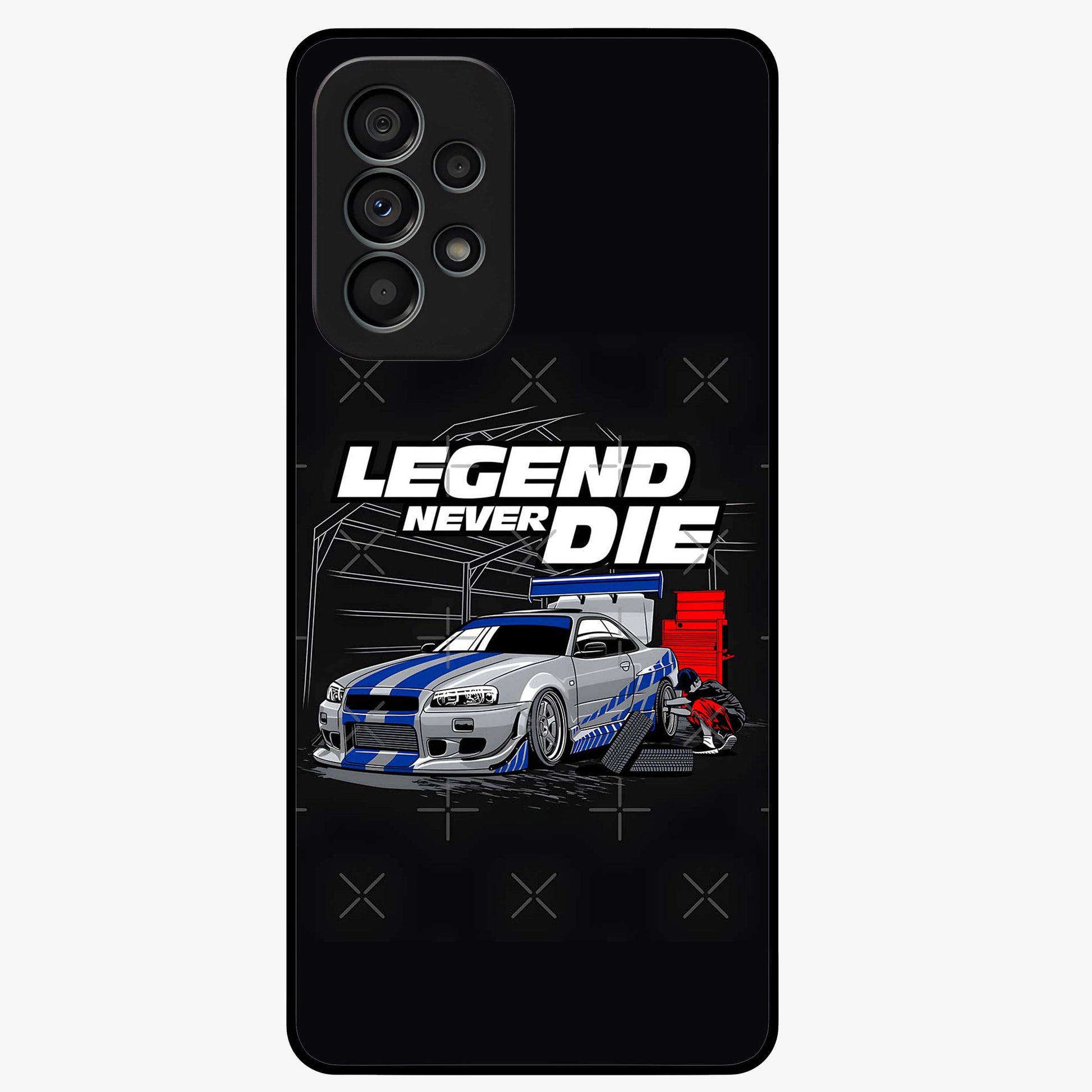 Midnight Racing Legacy Glass Case showing flat back view with sleek racing inspired artwork and glossy glass finish.